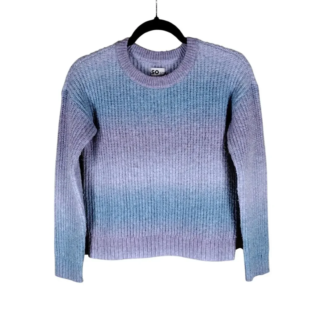 SO Sweater Girls 14-16 Blue Purple Ombre Knit Boxy Crew Neck Stretch